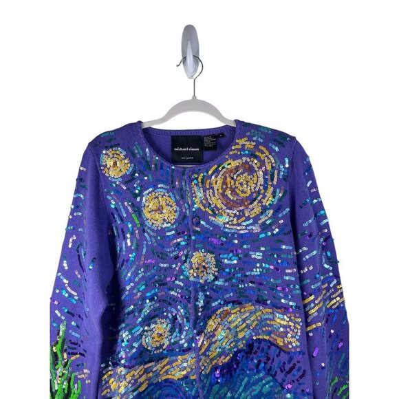 Michael Simon Womens Starry Night Sequin Cardigan M Multicolor Cotton Blend RARE - Picture 2 of 10